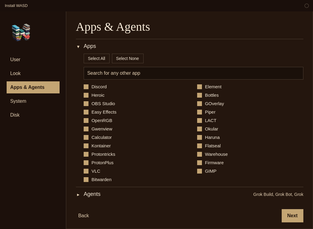 Install WASD with Apps open. The suggested apps are checked, and a search box says Search for any other app.