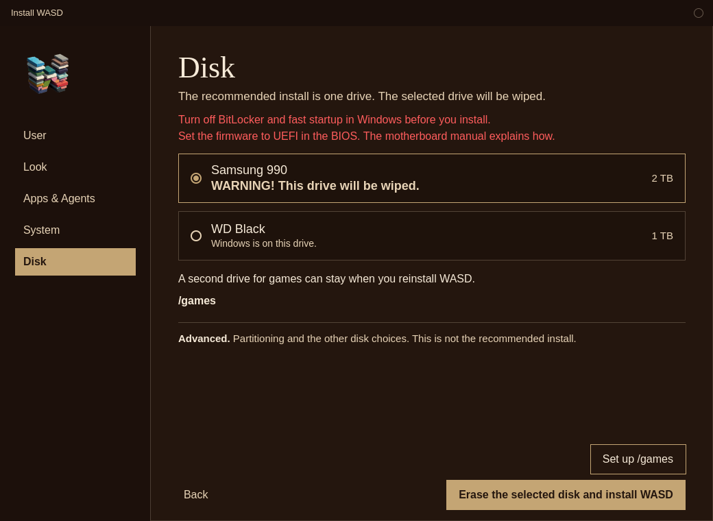 Install WASD on the Disk step. An example 2 TB drive is selected. Set up /games is above the install button.