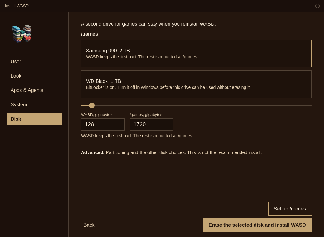 The /games section is open. The WASD drive is selected and the size slider is open. The other drive is listed under it.