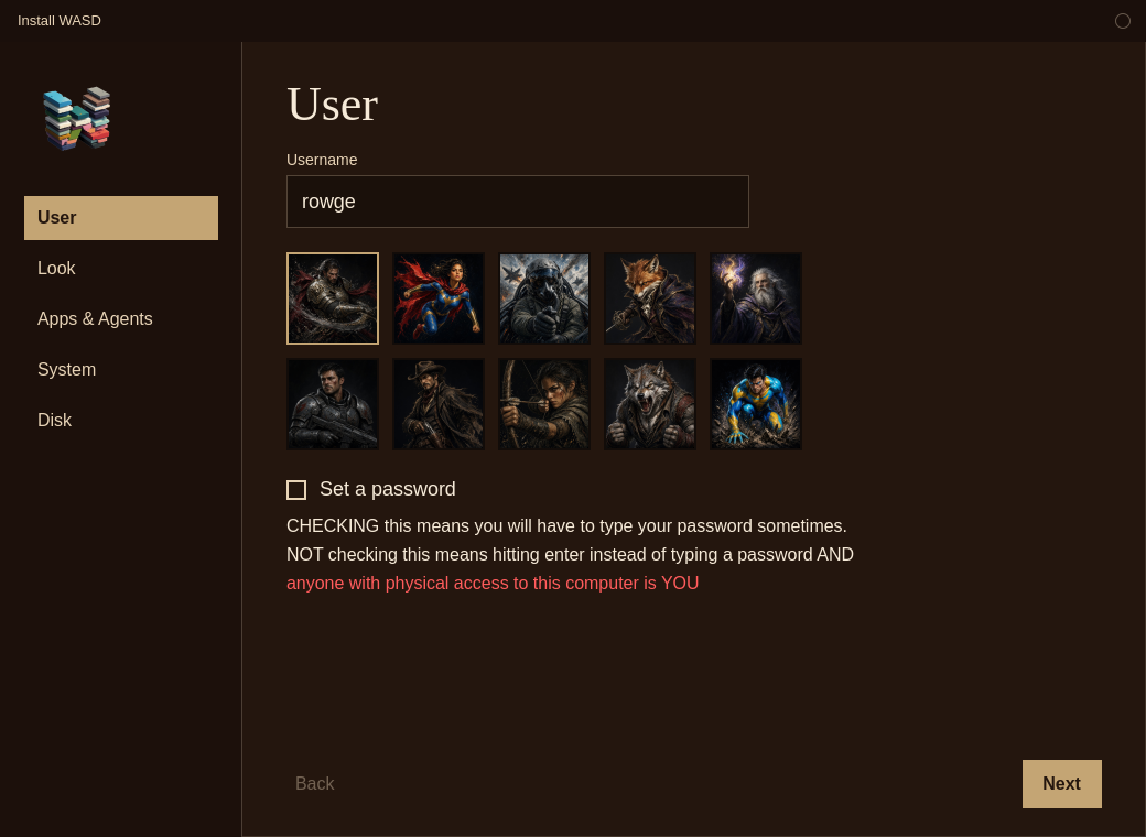 Install WASD on the User step. The username is rowge, the knight is selected, and Set a password is unchecked.