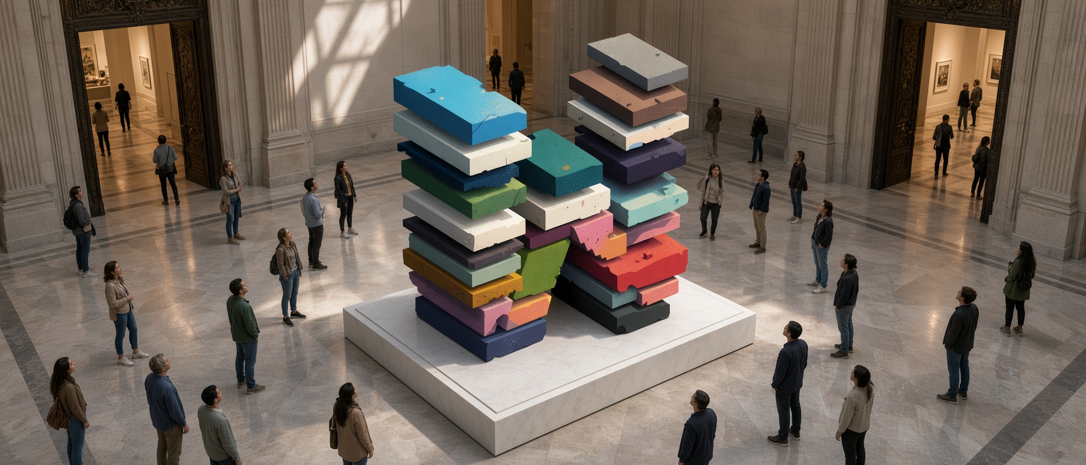 A giant W of stacked slabs on a pedestal in a museum entrance.